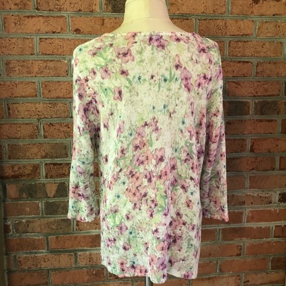 J. Jill Sweater Womens Medium Pink Floral Linen Blend Lightweight 3/4 Sleeves - Picture 7 of 11